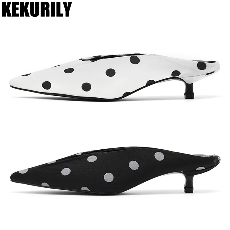 

Shoes Woman Polka dot Mules Heel Slides stilleto pump pleated sandalias mujer Black white Mixed color Pointed Toe Slippers