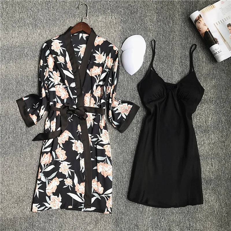 Новые кружевные Сатиновые шелковые комплекты из 2 частей, женские халаты+ платье, летние корейские сексуальные шелковые женские ночные рубашки на бретельках, домашняя одежда - Цвет: black dress sets