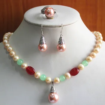 

Hot sell ~~ party! Wholesale Women's 8mm mixed color shell pearl/ Necklace earring ring(7/8/9) set #228 free shipping