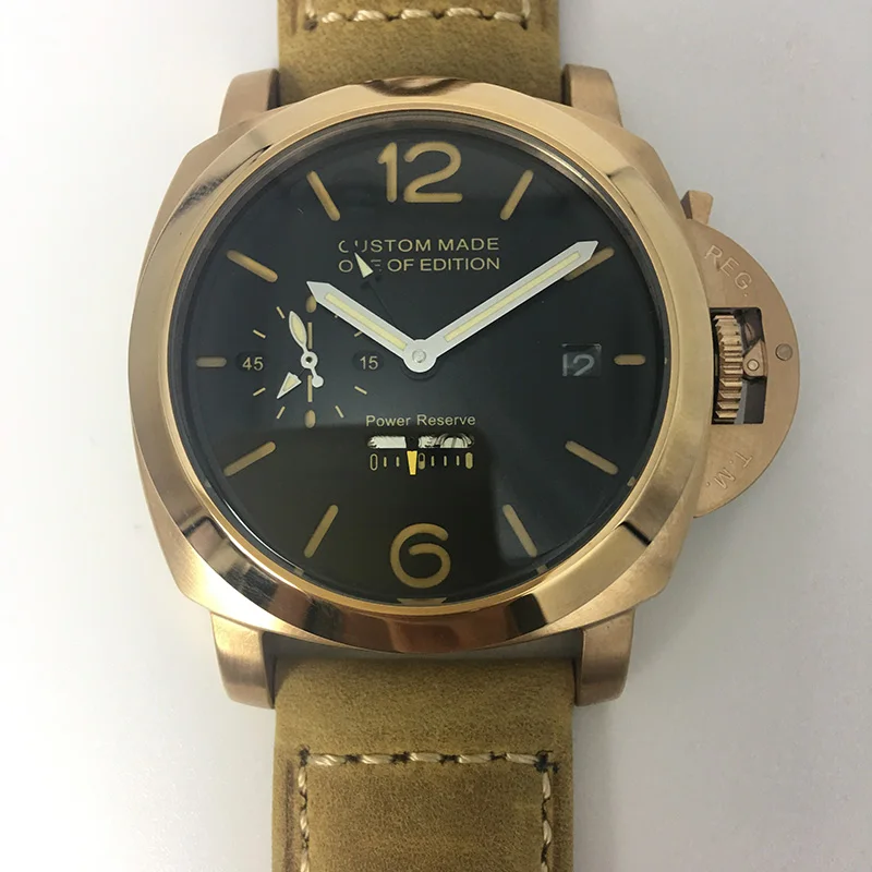 

OUMASHI Automatic GMT Machinery Watch Men 44mm Leather Strap Power Reserve Luminous Gold Case Military Waterproof Watch