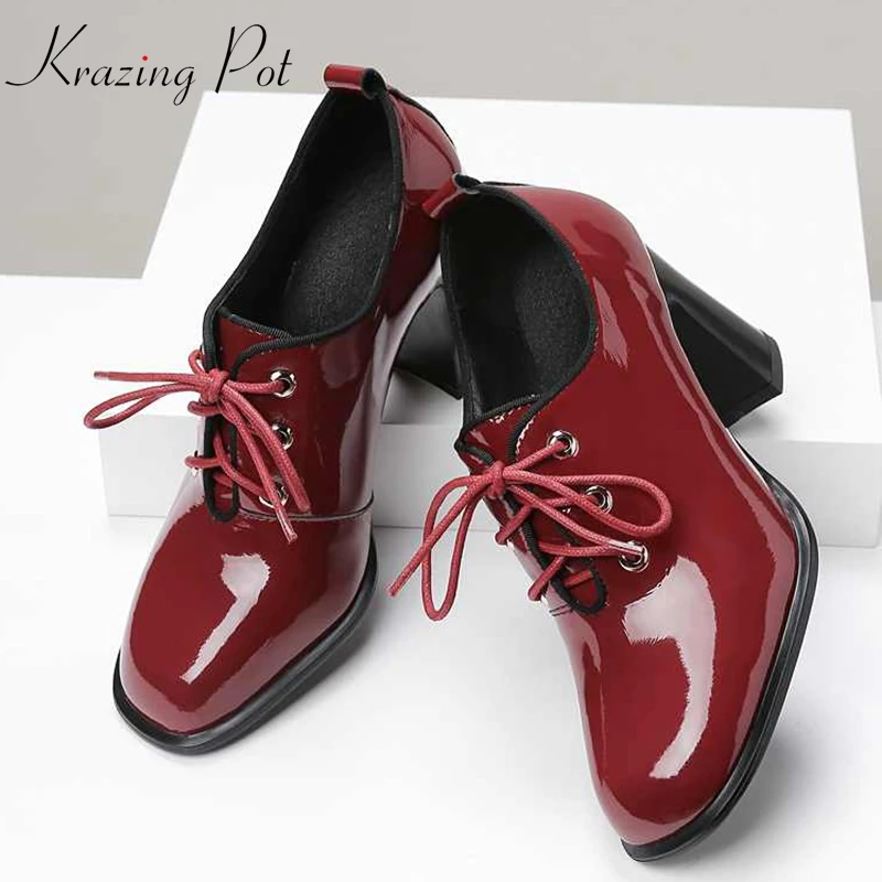 

Krazing pot hot saling genuine leather rivets cross-tied round toe lace up high heels superstar party beauty mature pumps l2f2