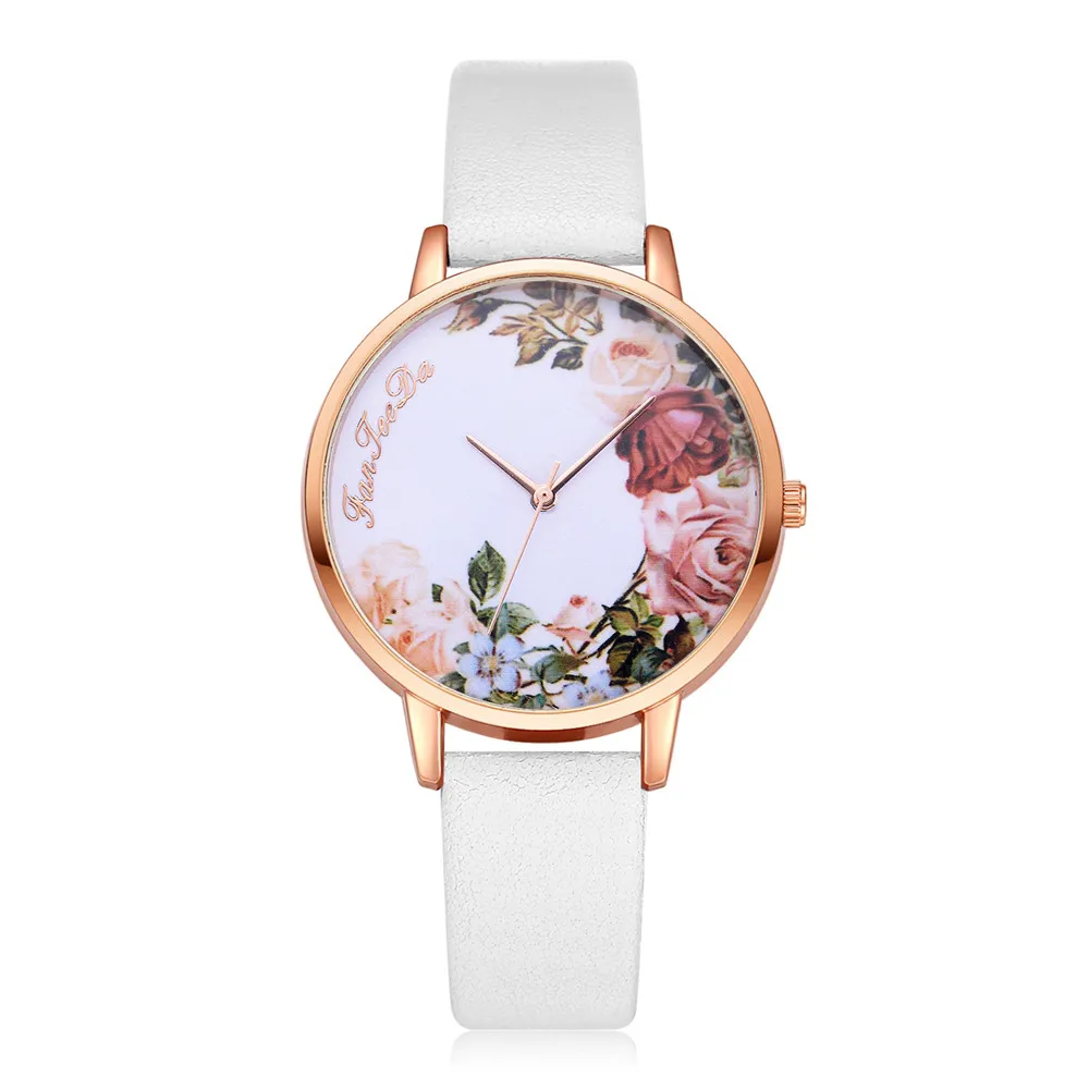 

2018News Watch Ladies White Glamorous Art Rose Pattern Luxury Fashion Leather Band Analog Quartz Round Wrist Watches 11.08