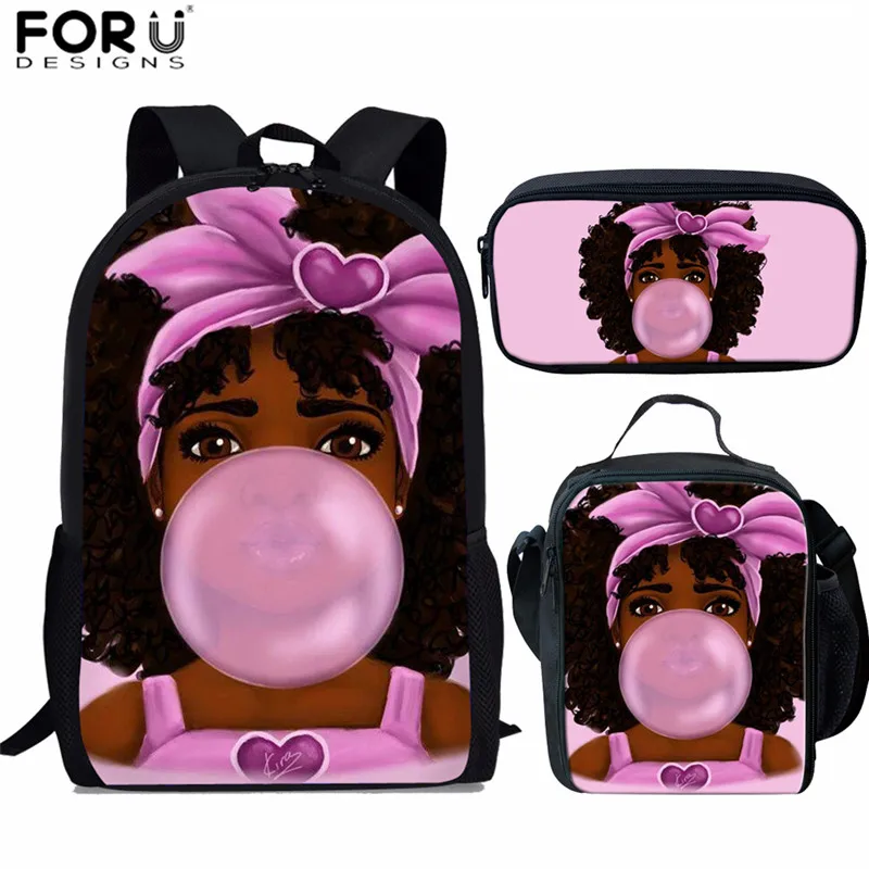 

FORUDESIGNS Primary Children School Bags Cute African Afro Princess Prints Kids Backpack Girls Women Book Bag 3PCS/Set Schoolbag