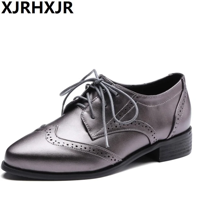 

XJRHXJR 2019 New Arrive Women Pumps Fashion Pointed Toe Lace Up Punk Low Heels Spring Autumn Shoes Popular Street Style