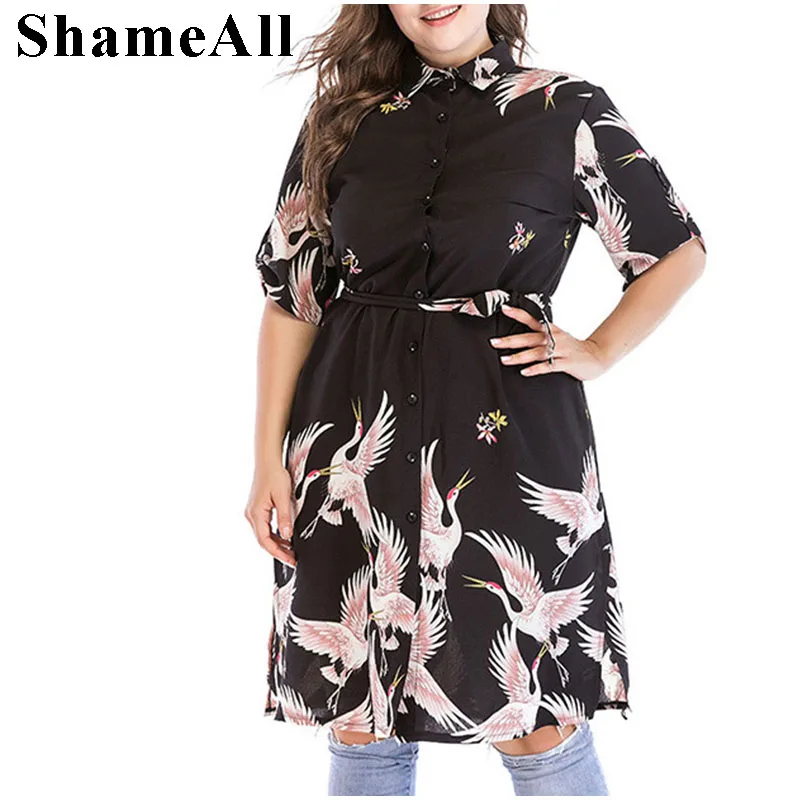 

Plus Size Vintage Retro Crane Print Button Up Long Blouse 4Xl 5Xl Women Streetwear Spring Casual Lapel Half Sleeve Shirts