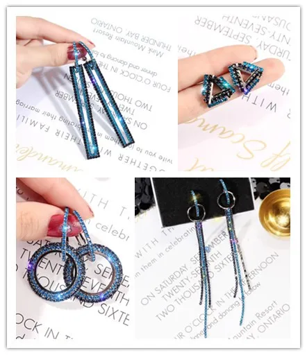 

2019 New S925 silver needle Korean geometric crystal from Swarovski ear European trend color long tassel earrings