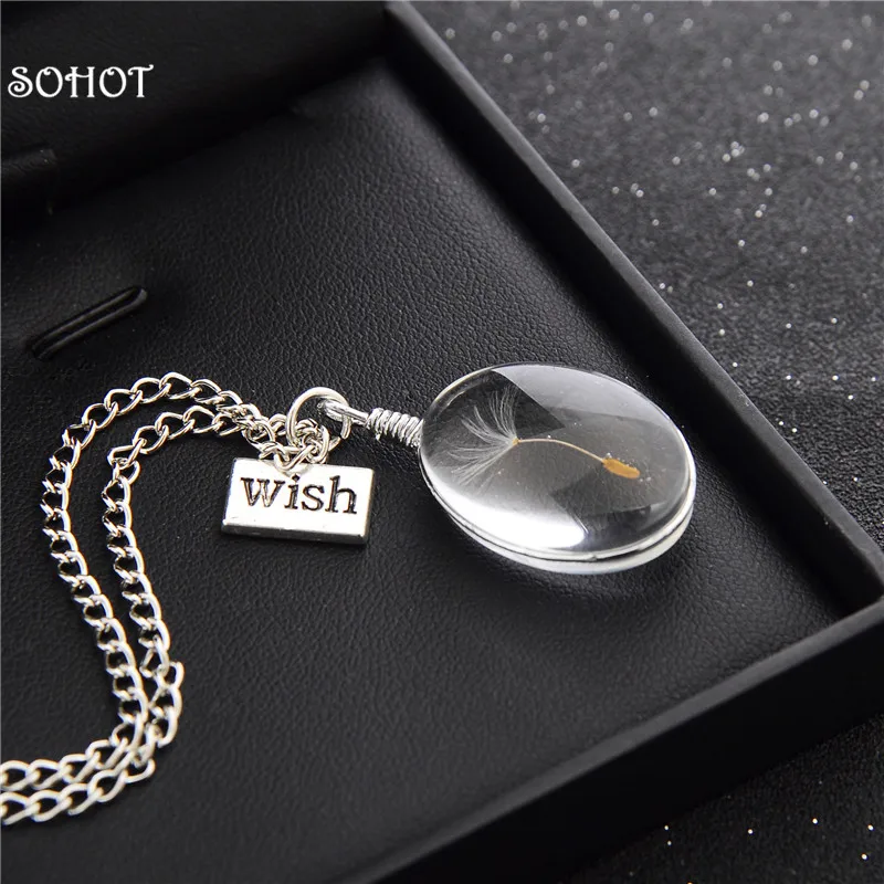 

SOHOT New Wish Bottle Water Drop Shape Real Natural Dandelion Seeds Botanical Pendant long Chain Necklaces for Women Jewelry
