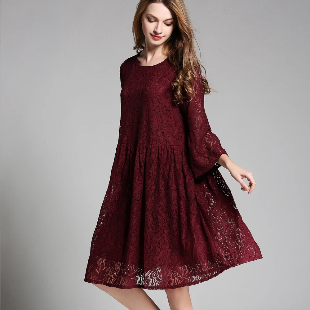 Женское кружевное платье с круглым вырезом рукавом 3/4|womens clothing|lace dressdress oversize |