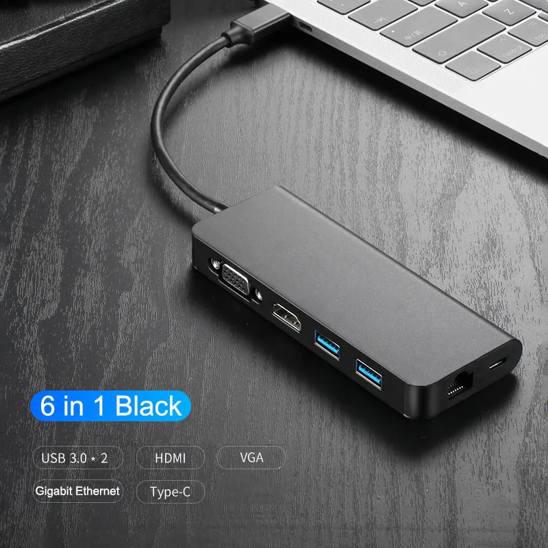 8 in 1 USB 3.1 Type C HUB to 4K HDMI 3.5mm Audio RJ45 Gigabit Ethernet Adapter with Type C PD Charging SD TF Card Reader USB HUB - Цвет: 6 in 1 Black