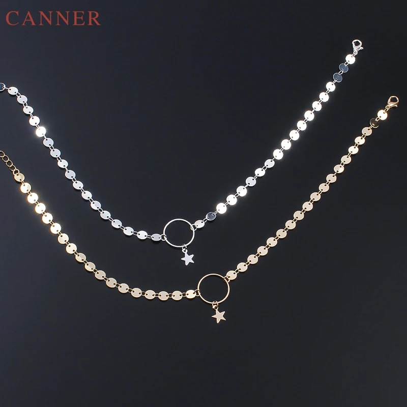 Metal Circle Star Choker Necklace Women Silver/Gold Sequins Small Disc Coin Collar Chains Fashion Jewelry collier femme C4