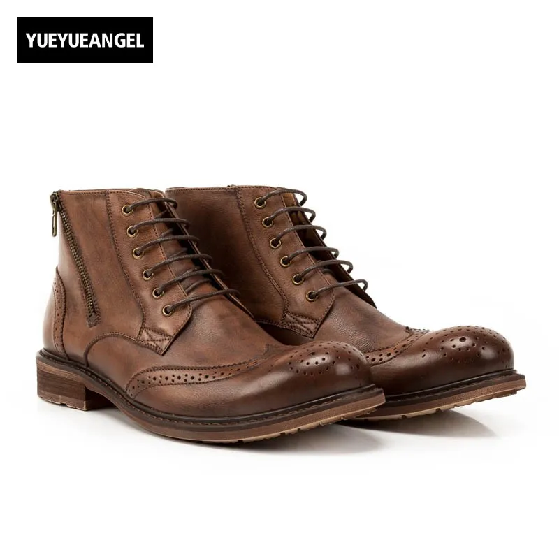 

2019 New British Mens Genuine Leather Ankle Boots Lace Up Motorcycle Footwear High Quality Knight Boots Retro Brogue Male Shoes
