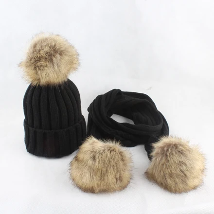 HEALCOLD/шапка для мальчиков и девочек, комплект шарфов, детская шапка с меховым помпоном, зимний шарф, шапка для детей - Цвет: black hat scarf