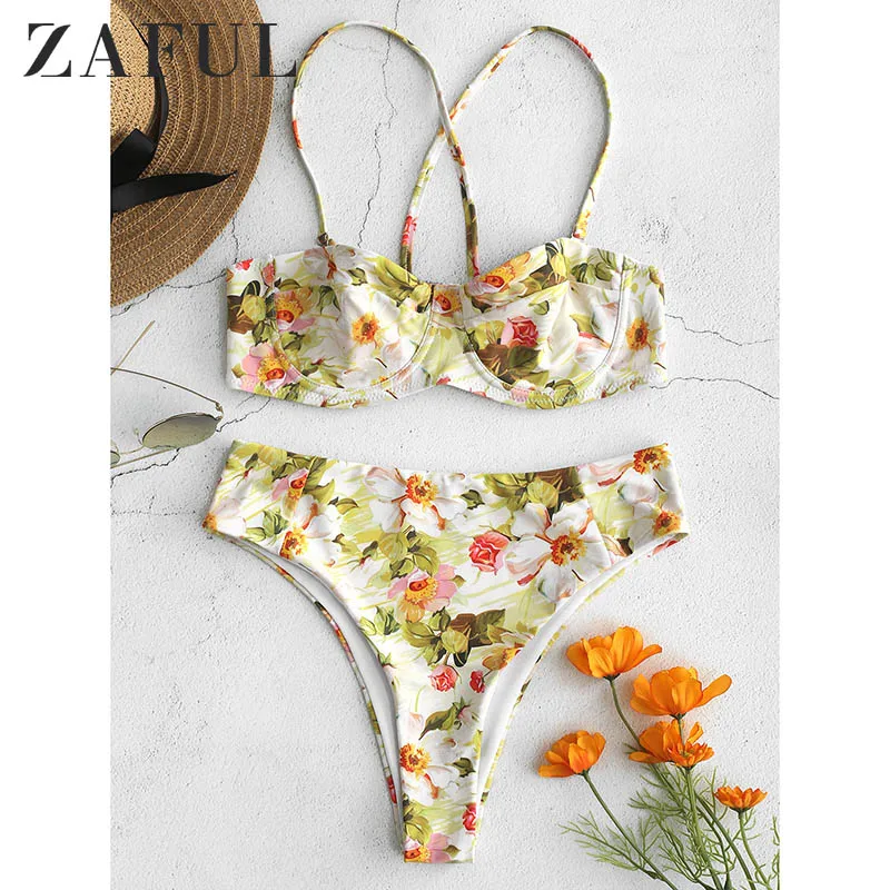 

ZAFUL Floral Crisscross Underwire Women Bikini Set Spaghetti Straps Padded Brazilian Biquini Casual Beachwear Swimsuit 2019