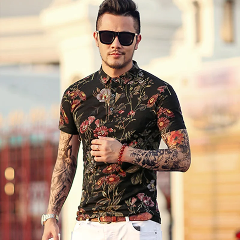 Men Summer New Black Floral Cotton England Style Short Sleeve Polo ...