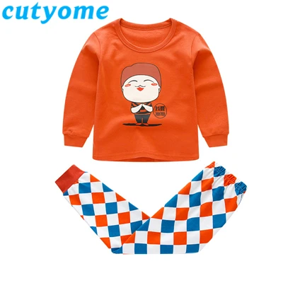 Детские пижамные комплекты с животными из хлопка Пижама с длинными рукавами в стиле пэчворк Пижамный комплект для мальчиков и девочек-подростков на весну и осень на возраст 8, 9, 10, 12 лет - Цвет: Orange Kids Pijamas