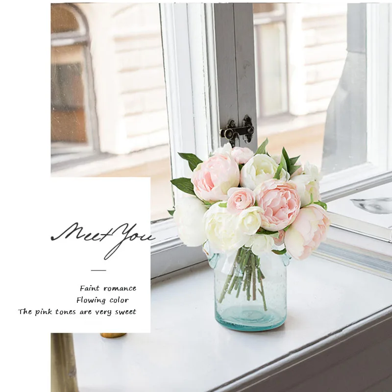 artificial silk peonies pink bridal bouquet fake flower  (12)