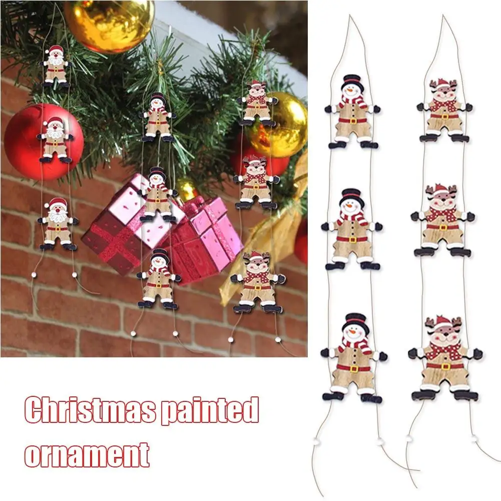 Christmas Wooden Long Rope Pendant Santa Claus Snowman Elk Painted Wooden Card Christmas Tree Creative Ornament USD 4 84 piece