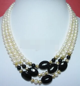 

N3807 ELEGENT 3 STRANDS WHITE PEARL BLACK stone NECKLACE N Discount
