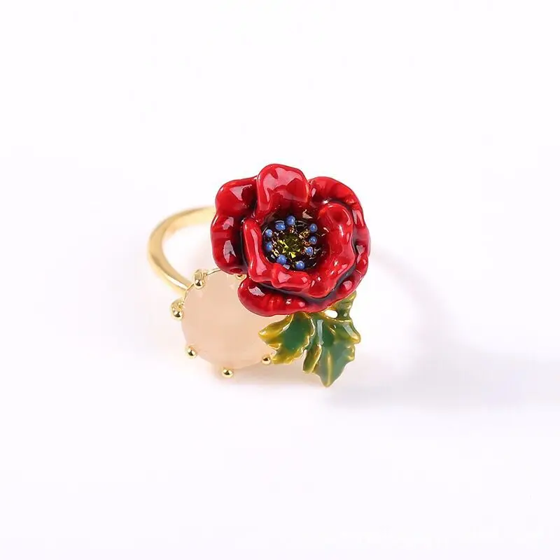 Amybaby роскошный эмалированный глазурь красный цветок, ожерелье серьги-гвоздики регулируемое кольцо бреклет ювелирные изделия для вечерние - Окраска металла: adjustable ring