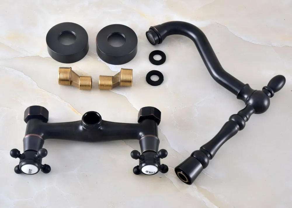Kitchen Wet Bar Bathroom Vessel Sink Faucet Black Oil Rubbed Bronze Wall Mounted Swivel Spout Mixer Tap Dual Cross Handle mnf452
