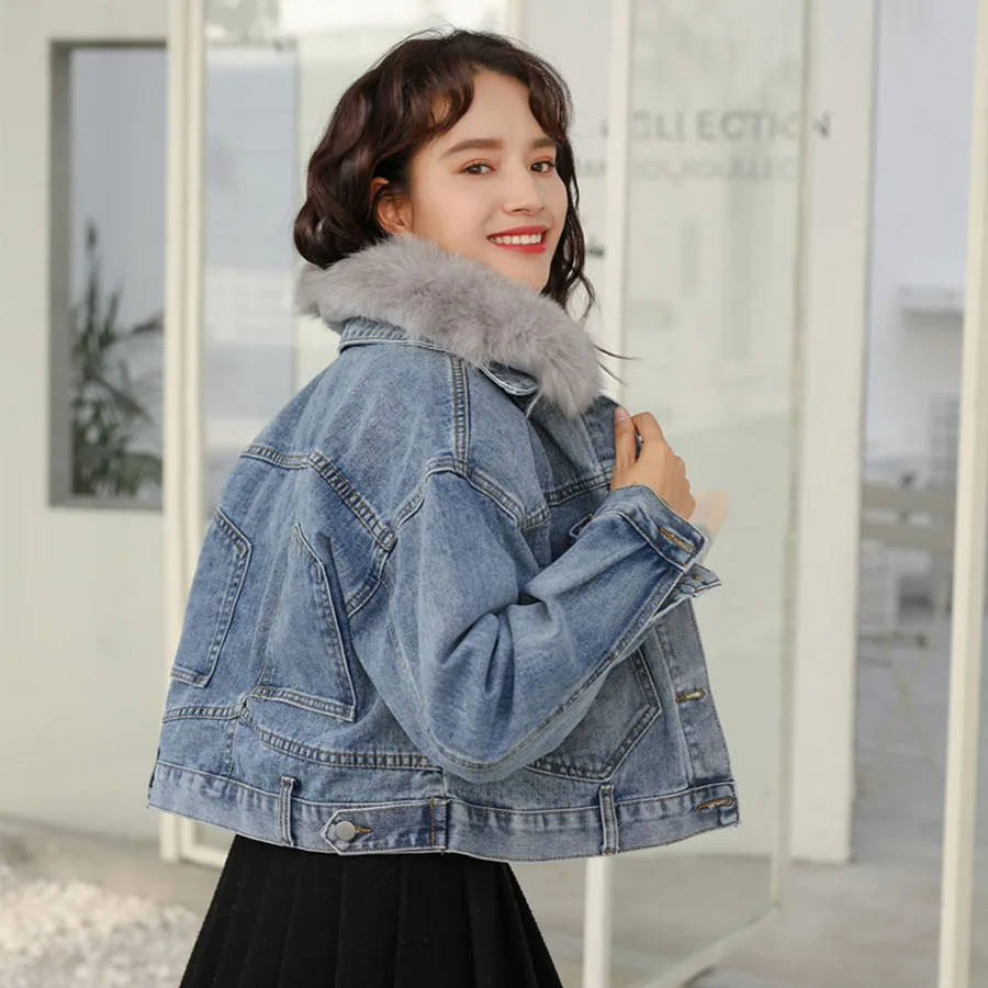 Short Coat Fur Collar Denim Jacket Streetwear Crop Jacket Women Bolero Punk Casacos Feminino Coats And Jackets Women  60j106