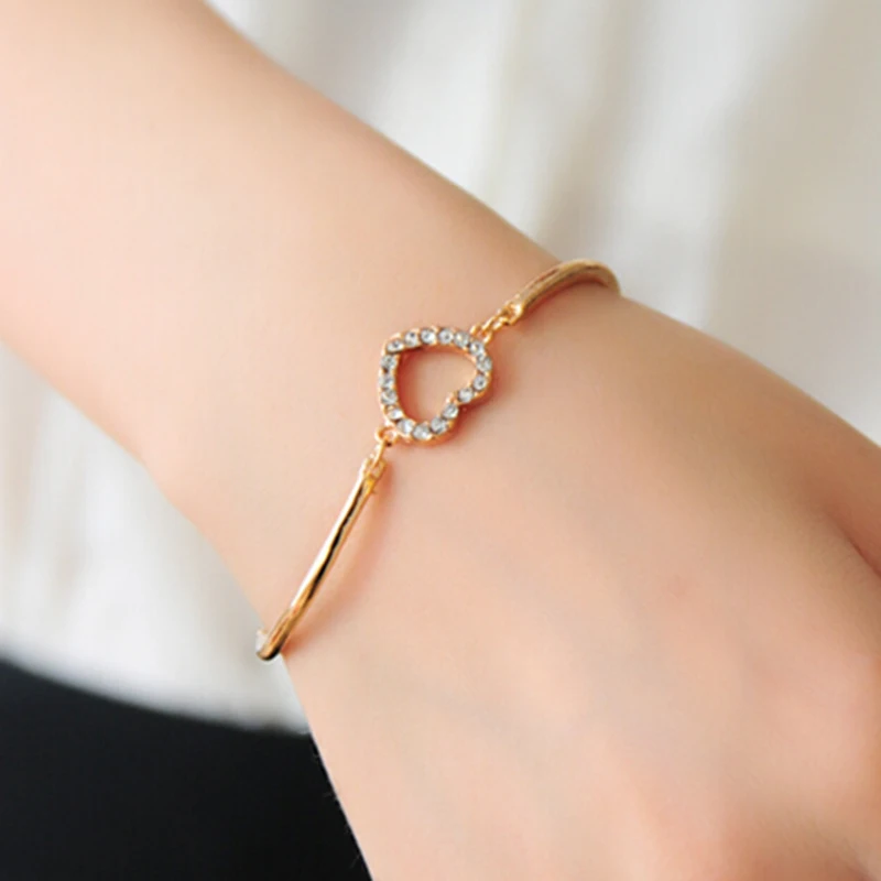 Gold Silver Korean Fashion Heart Shaped Bracelet Flash Rhinestones