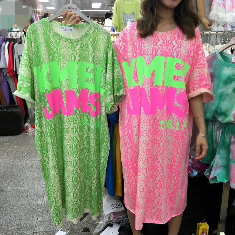 

women oversized Fluorescent letter printdress european fashion round neck short sleeve female casual plus size dresses