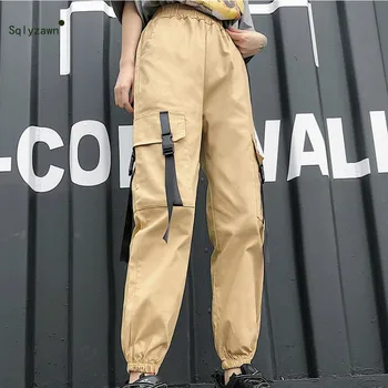 

Women Spring and Summer Streetwear High Waist Solid Black Khaki Cargo Pants Harajuku Bandage Trousers with Pockets Loose Jogger