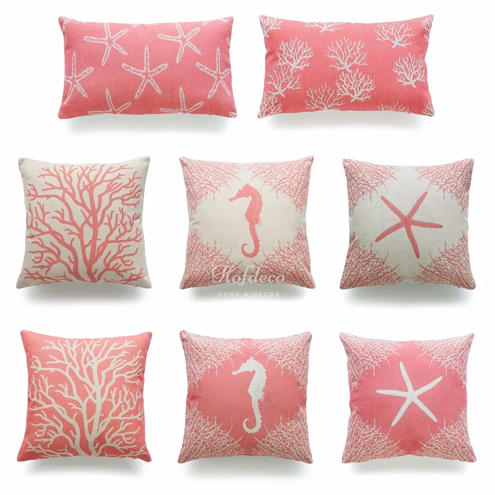 Decorative Throw and Lumbar Pillow Case Coral Beach Sea Coral Seahorse Starfish HEAVY WEIGHT ...