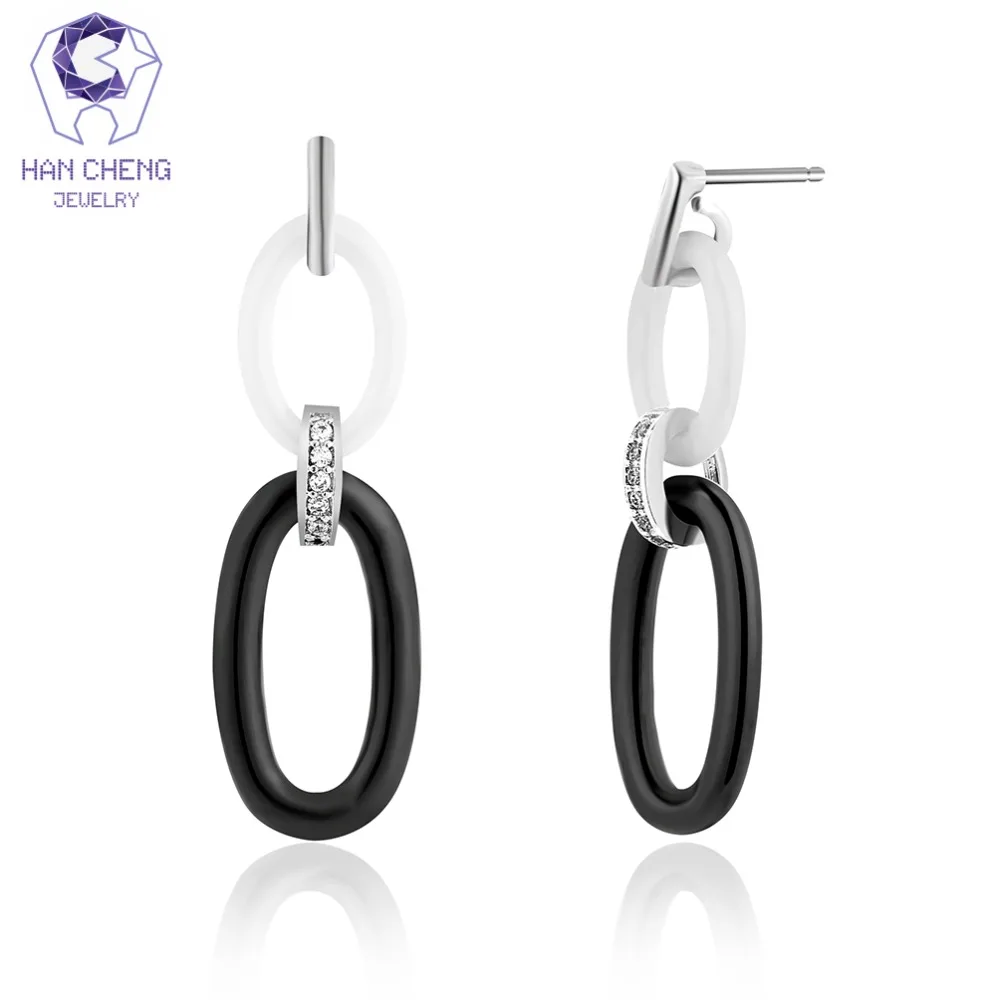 

HanCheng New Luxury Silver Dangle Hanging Gem Stone Cubic Zirconia Ceramic Loop Drop Earrings For Women Jewelry brincos bijoux