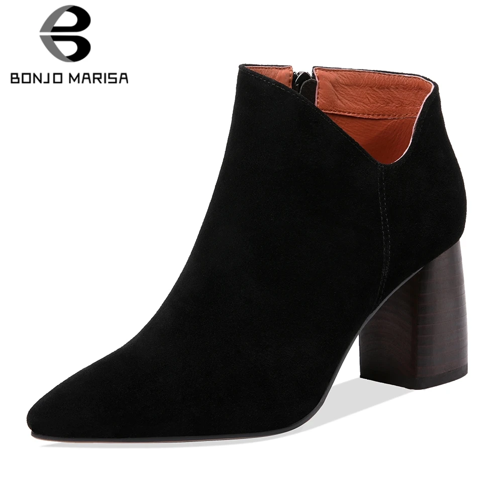 

BONJOMARISA Genuine Leather Suede Booties Women Hot Sale Spring Autumn Shoes Chunky Heels 4 Colors Shoes Woman Boots Female