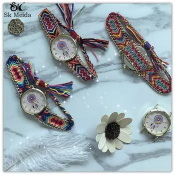 

New Fashion Quartz Watch Metal Print Dial Women Watch Vintage Print Exquisite Strap Bracelet Ladies Watch round fabric SW-50