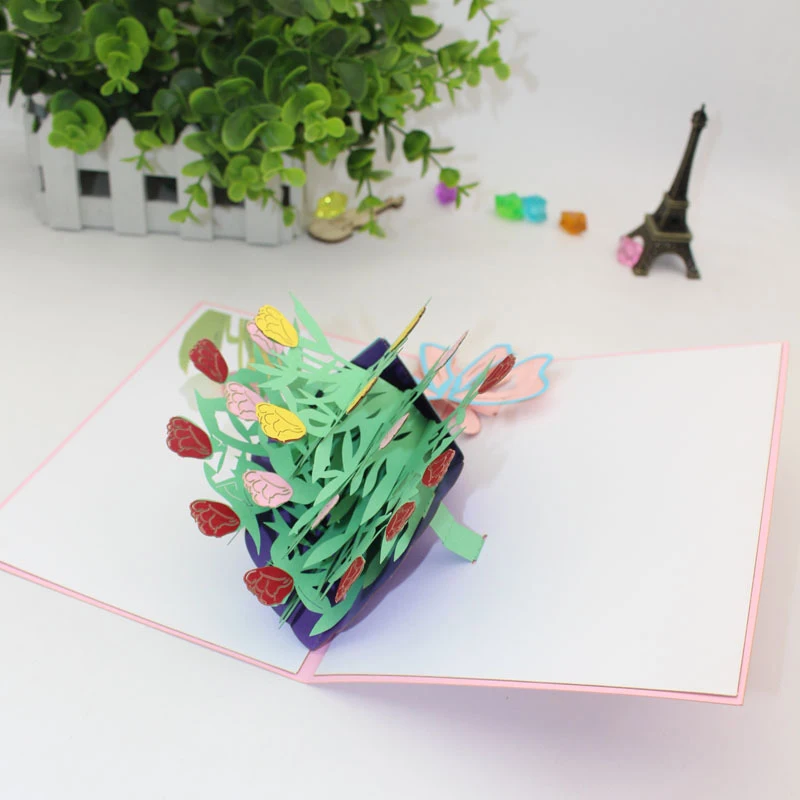  3D Laser Cut Handmade Tricolor Tulip Paper Invitation Greeting Cards Blessing Card Mother's Day Tea - 32891062871