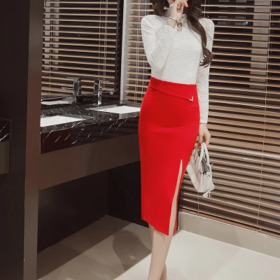 S-5XL, Женская юбка-карандаш размера плюс, новая модная длинная юбка до середины икры, Повседневная облегающая юбка, элегантная юбка из стрейчевой ткани с разрезом - Цвет: red