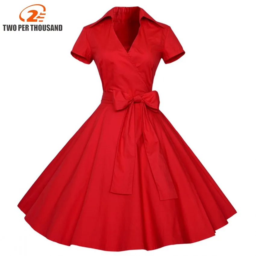 

Two Per Thousand Women Rockabilly Dress Retro PinUp Hepburn Bow Ball Gown Tunic Swing Dresses Female Vestidos 1950s 60s Belt