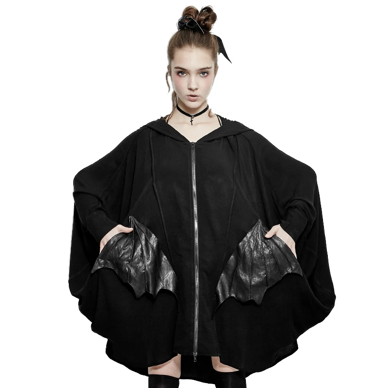 Gothic Women Black Batwing Coat Spring Loose Zipper Hooded Jackets