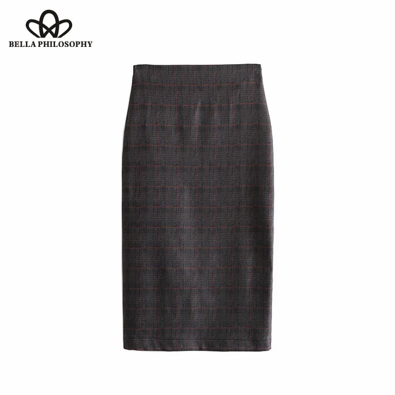Wonder 2018 autumn Vintage Plaid Tube OL Midi Skirt Back Zipper Vents Work Wear Office Ladies Pencil Skirts Casual Faldas Mujer