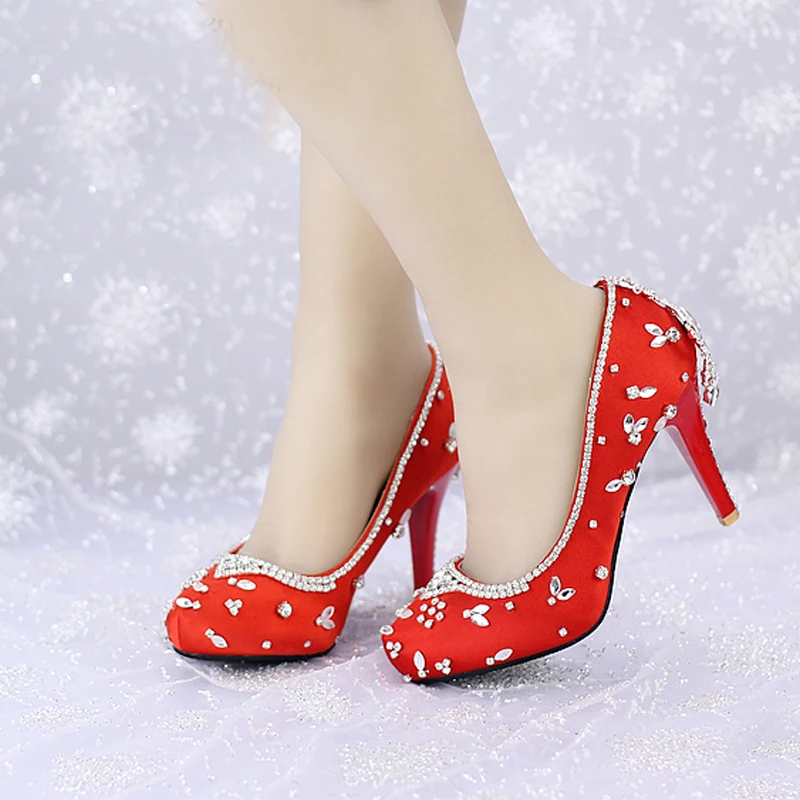 

2016 Crystal Wedding Shoes Red Satin Color Banquet Pageant Dress Shoes Round Toe Platforms Women Shoes Valentine Party Pumps