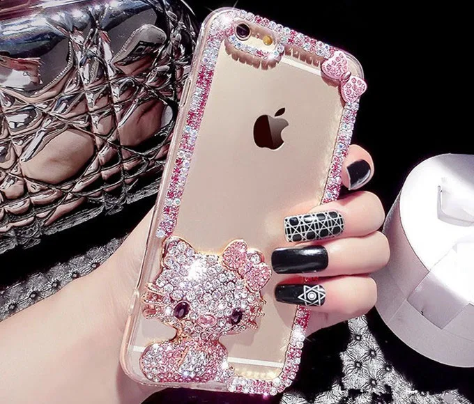 Luxury DIY Bling Crystal Pink Cat Kitty Diamond Cases for