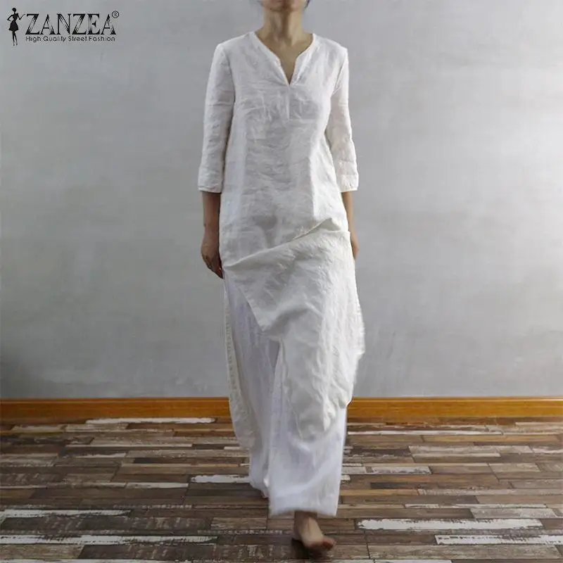 

Fashion ZANZEA Women V Neck 3/4 Sleeve Dress Casual Solid Cotton Linen Long Tops Summer High Split Hem Shirt Vestido Blusas Robe