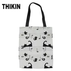 THIKIN/Милая Молодежная Льняная сумка с принтом кота из мультфильма для девочек, сумки для любителей музыки, большие холщовые сумки, модные