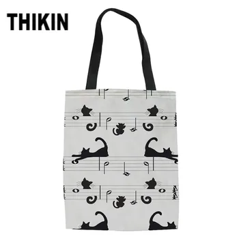 

THIKIN Cute Cartoon Cat Printing Youth Girls Linen Tote Bags Music Lover Canvas Large Hangbags Fashion Casual Summer Beach Bag