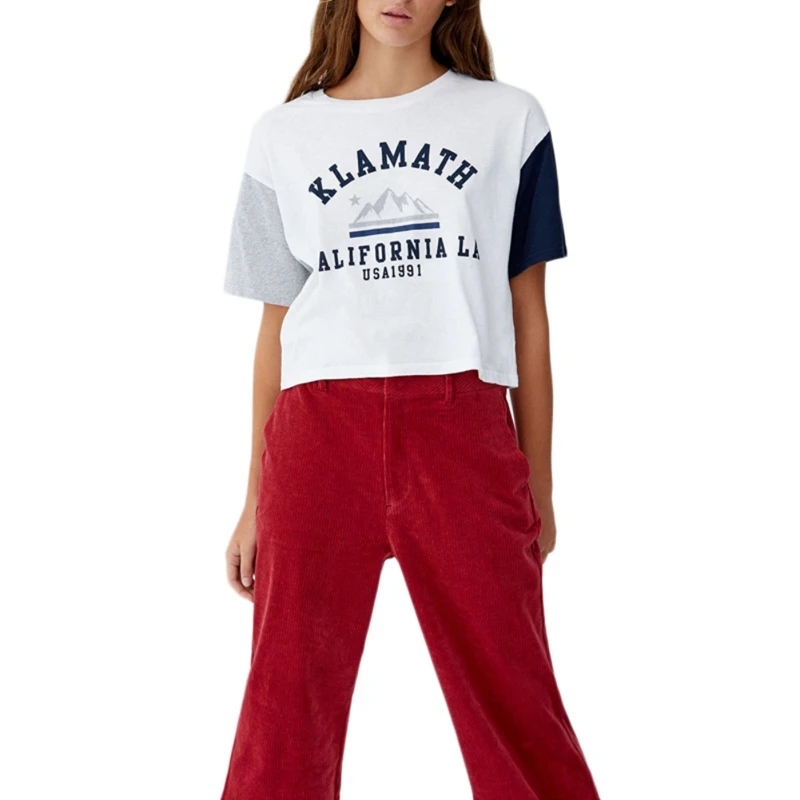 

Fashion Women Letter Printing T Shirt Harajuku Casual Short Sleeve T Shirt Contrast Color Loose Tee Tops Female camiseta mujer