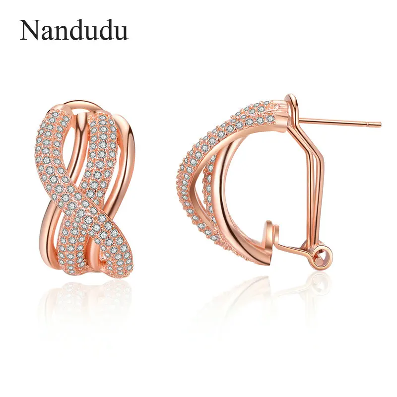 

Nandudu New Rose Gold Earrings for Women Pave Setting Cubic Zircon CZ Stud Earrings Geometric Brincos Wholesale Gift CE564