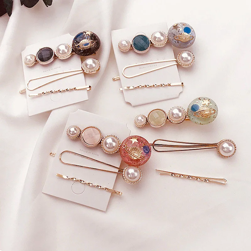 Haimeikang Korea Fashion Women Pearl Metal Hairpins Colorful Beads Hair Clips Barrettes Planet Shape Hair Styling Accessories