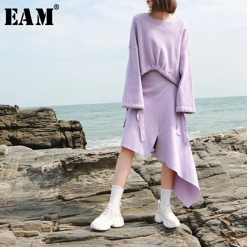 

[EAM] 2019 New Spring Round Neck Long Sleeve Irregular Hem Half-body Skirt Knitting Two Piece Suit Women Fashion JK414