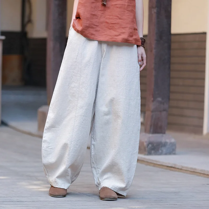 

Wide Leg Pants Women Cotton Linen Elastic Waist Trouser Spring New Vintage 9 Color Casual High Quality Pants