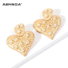 

AENSOA Fashion Big Metal Heart Drop Earrings Lover Wedding Gift Vintage Jewelry Pearl Love Statement Dangle Earrings For Women