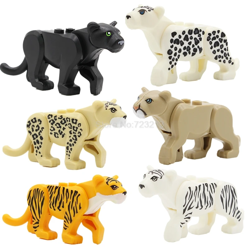 

6pcs/lot Tiger Black Panther Leopard Snow Puma Lion Legoingly PG Jungle Adventure MOC Building Blocks Set Model Bricks Toys