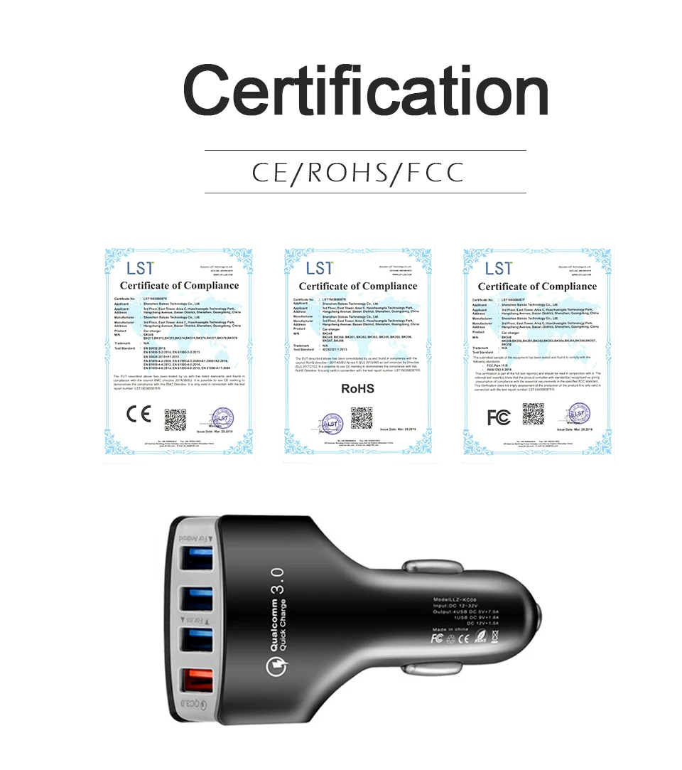 Car Charger QC3.0 4USB Charging For Mobile Phone Tablet CE FCC ROHS Certification 12V-24V-32V 3.5A Fast  Chargers For Car Truck (3)